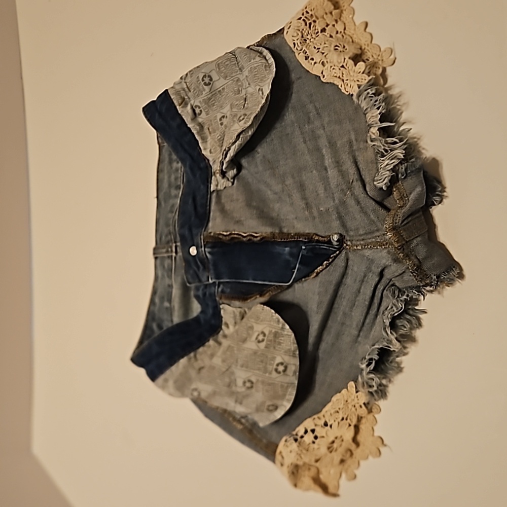 Hand Crafted Upcycled Denim Crochet Shorts Granny Square Handmade High rise 29 - Picture 15 of 17